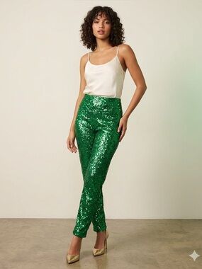 High Waisted Green Sequin Pants Fully Lined Multiple Sizes NWT